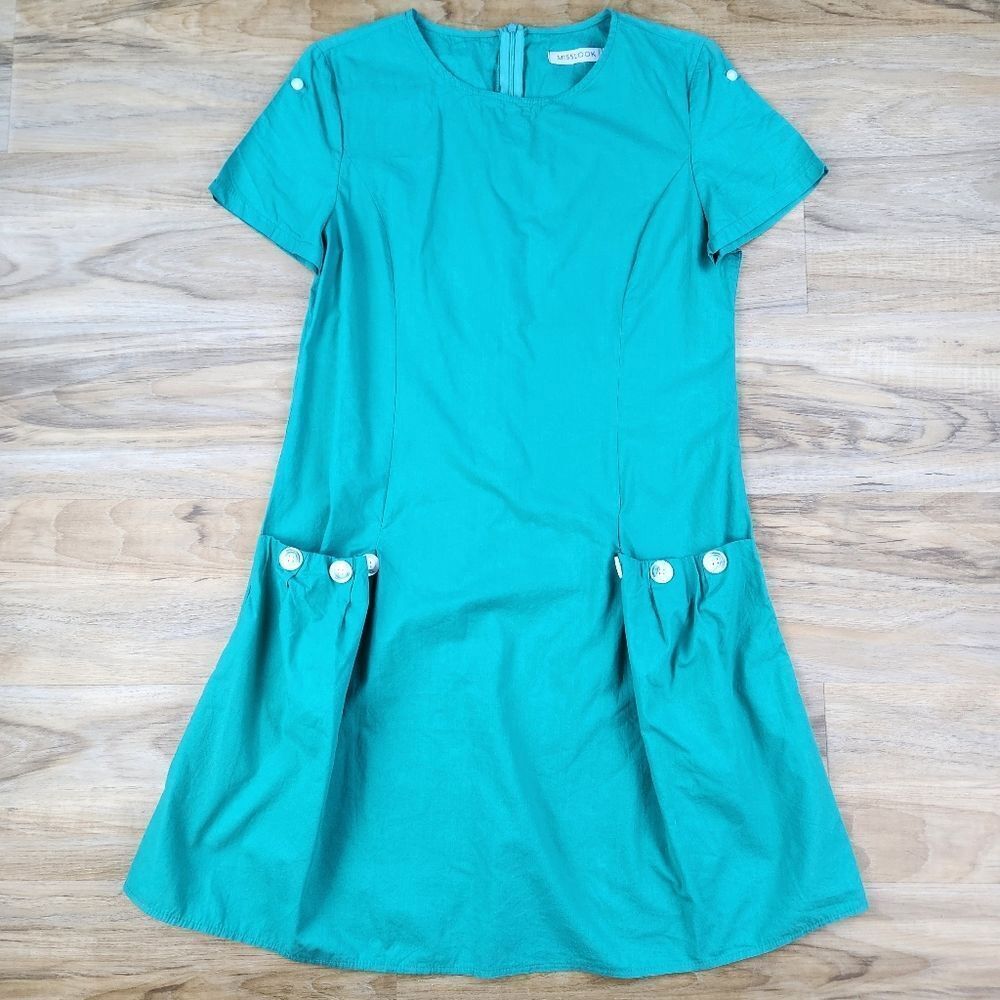 🍑Teal Button Tab Short Sleeve Dress Medium - Picture 3 of 14